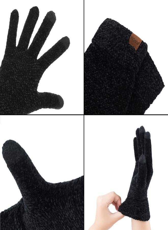 ViGrace Winter Touchscreen Gloves for Women Chenille Warm Cable Knit with 3 Touch Screen Fingers Texting Driving Elastic Cuff Thermal Glove Black,Large - Image 5